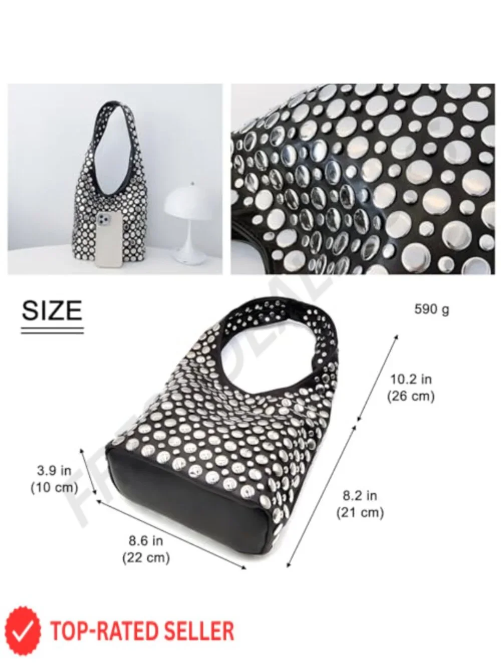 Punk Studded Hobo Shoulder Bag for Women Top Handle Tote Purse